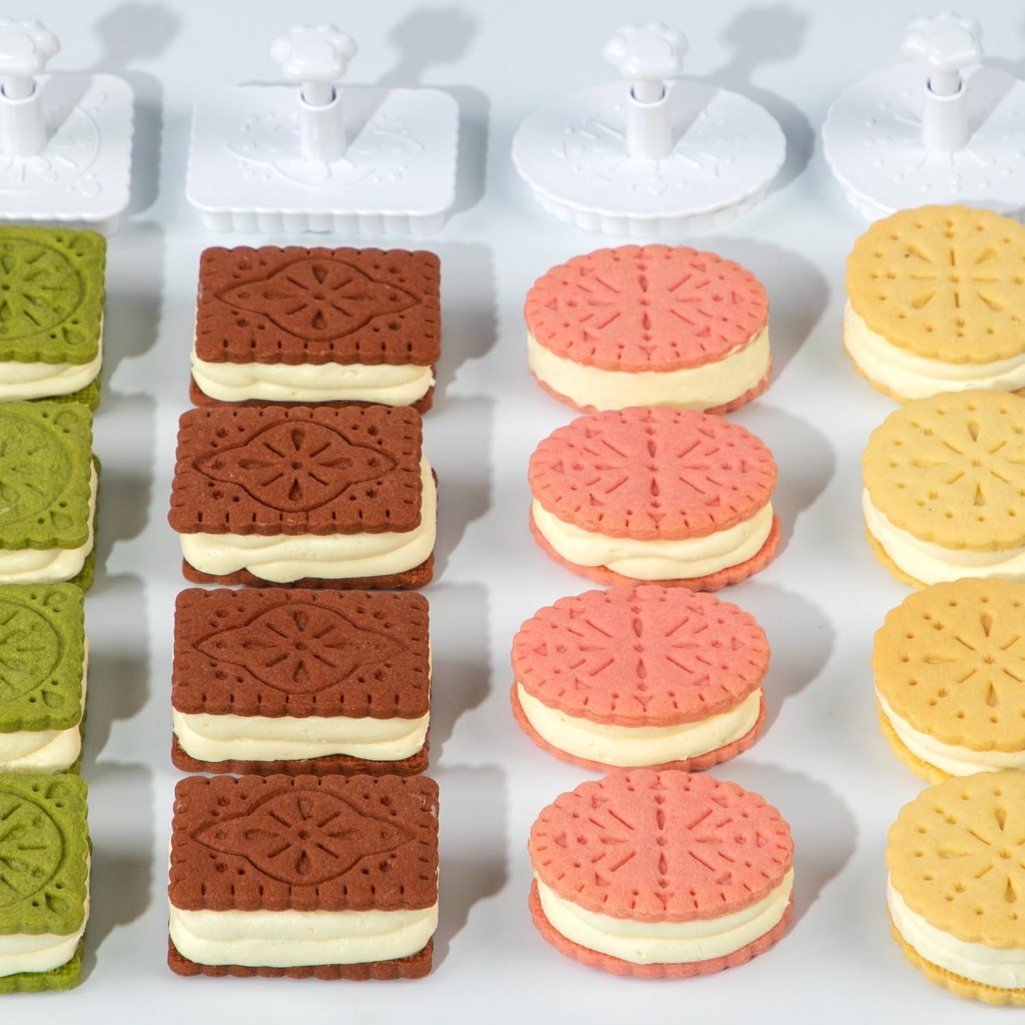 Cookie Stamps Baking Molds 4 Shapes, Biscuits Cutters, 3D Patterns Impression Embosser, Cookies Plunger Stamp, Homemake Bakeware DIY, Pastry, Bakery Desserts, Children Adults