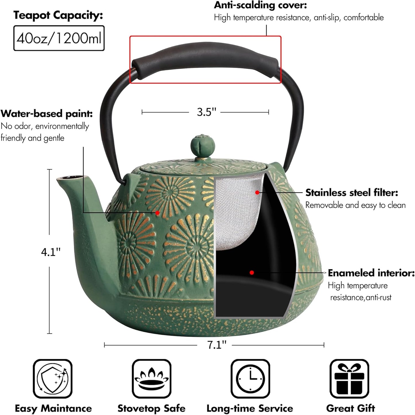 Cast Iron Teapot, 40oz Tea Kettle with Infuser for Stove Top, Sakura Design Japanese Tea Pot for Tea&Coffee Coated with Enameled Interior, Silicone Handle 1200ml Green