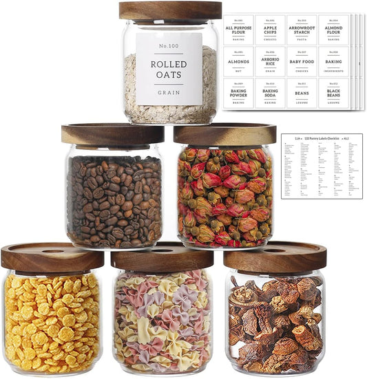 16 OZ Stackable Glass Food Storage Jars with 132 Pantry Labels Preprinted - 6 Pcs Thicken Glass Storage Containers with Airtight Acacia Lid - Clear Kitchen Canister for Spice, Tea, Coffee, Sugar