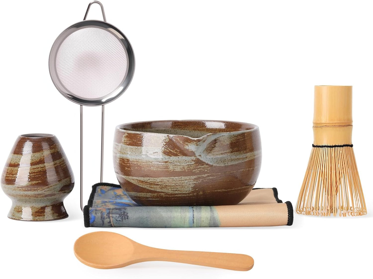 Japanese Matcha Whisk Set - 6-Piece Kit with Bamboo Chasen, Matcha Ceramic Bowl with Spout, Stainless Steel Sifter Brown