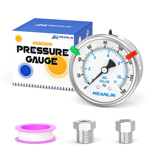 MEANLIN MEASURE 0~160Psi Stainless Steel Liquid Filled Pressure Gauge 2.5"FACE DIAL 1/4"NPT for Air Compressor RV Regulator Water Pressure Tester Back Mount with Stainless Steel Hex Bushing and Snaps