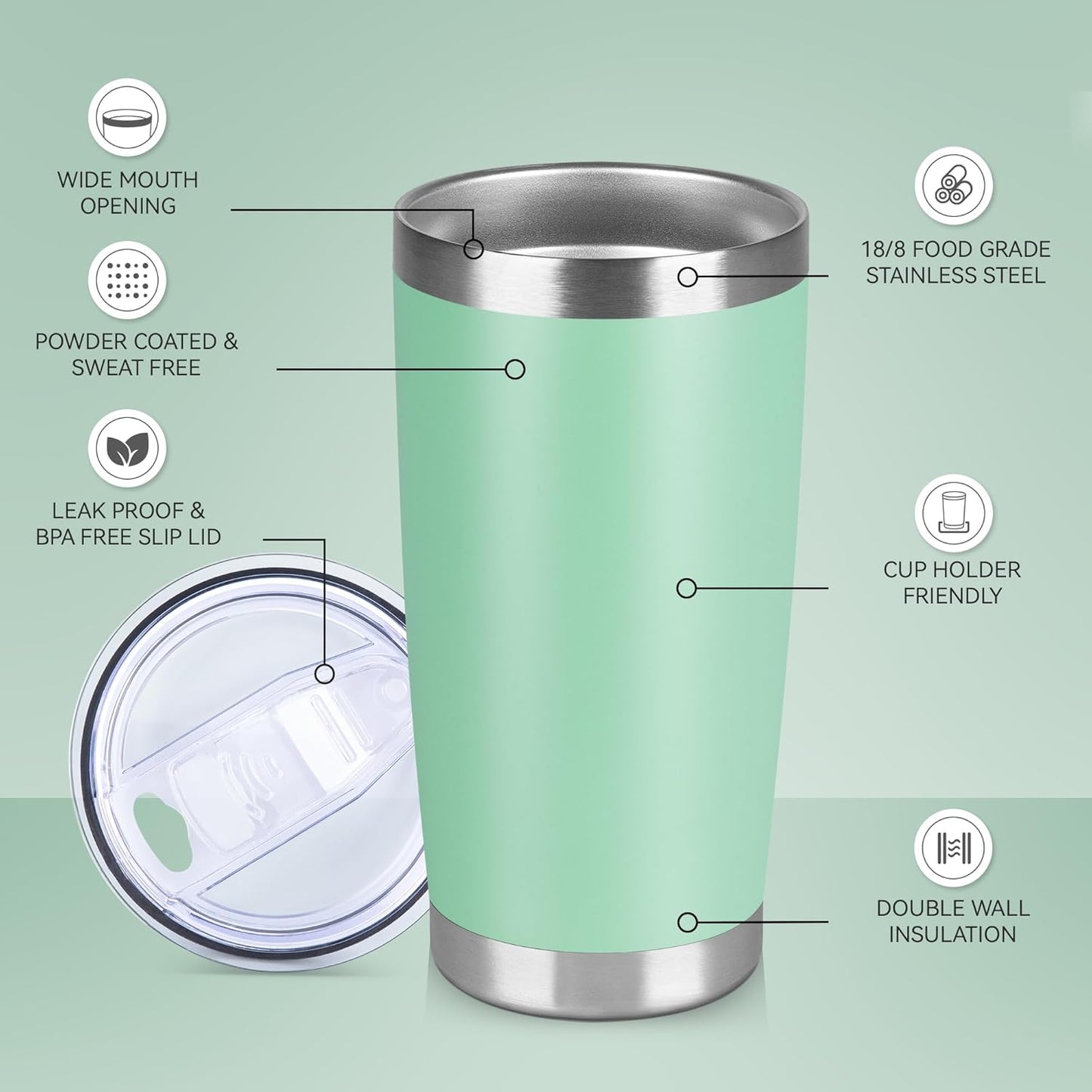 20 oz Tumbler Stainless Steel Tumblers Bulk with Lid Double Wall Insulated Coffee Tumbler Cups for Hot & Cold Drinks Powder Coated Travel Coffee Tumbler Mug Metal (Jade, 12 pack)
