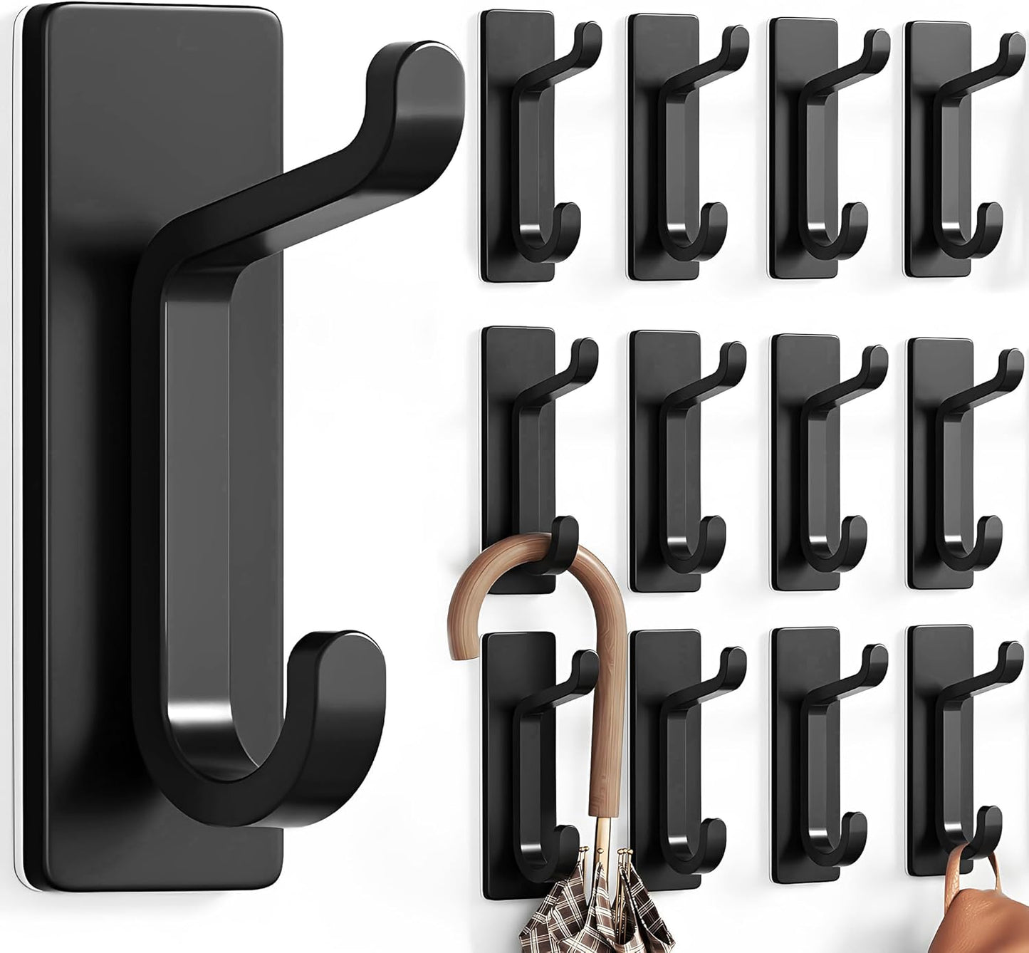 pickpiff 12 Pack Wall Hooks for Coat and Towel: 13LB Adhesive Door Hanger Stick on, Black