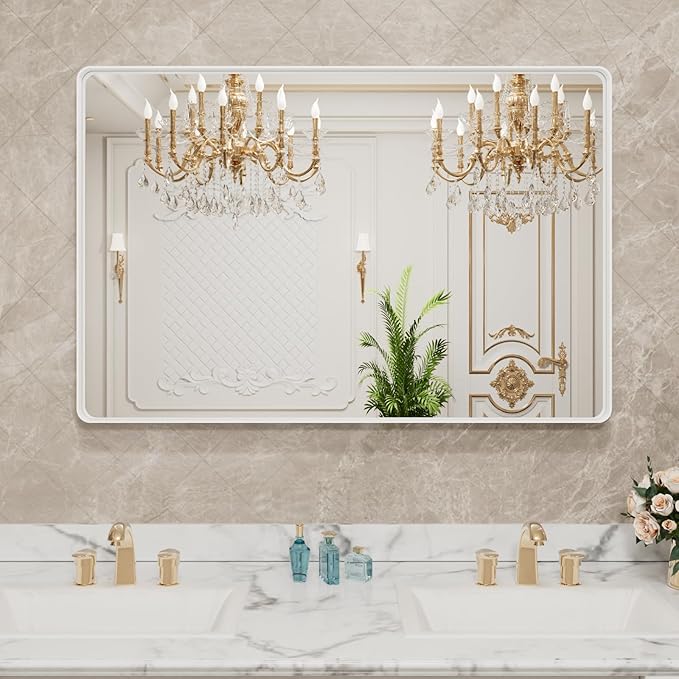 LOAAO 48x30 Inch White Metal Framed Bathroom Mirror - Image 8