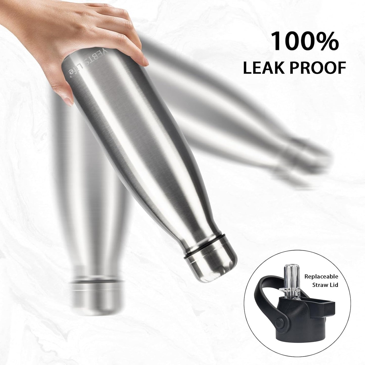 Insulated Water Bottle, 2 Pack-17oz Stainless Steel Water Bottles with straw lid, Metal Sports Water Bottles for Boys,Girls, Double Wall Vacuum BPA-Free Flask for School, Sports & Travel-Silver