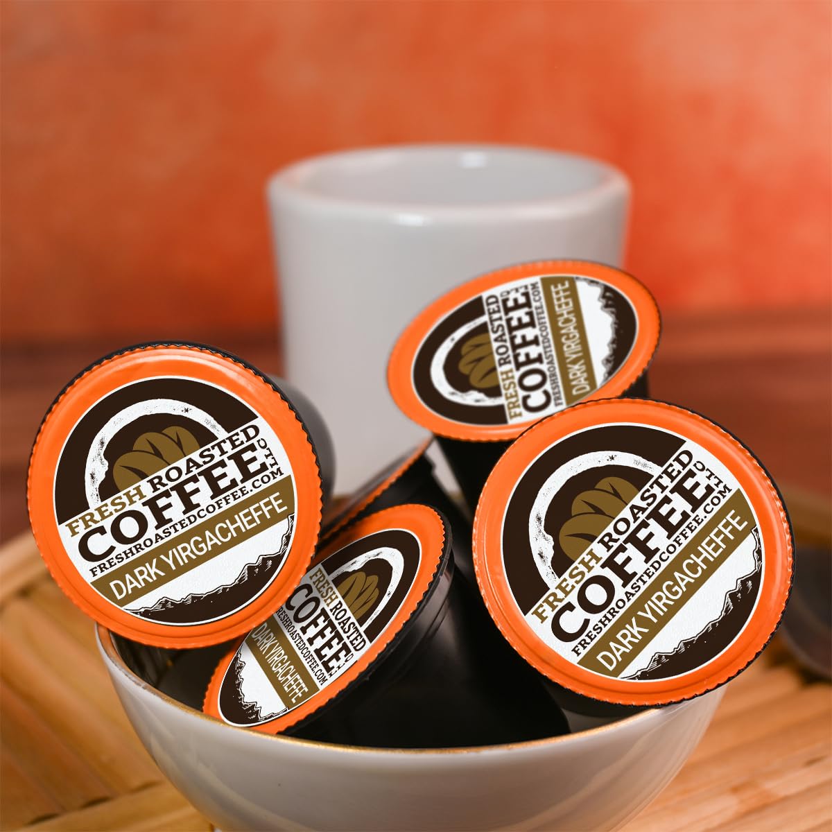 Fresh Roasted Coffee, Dark Ethiopian Yirgacheffe Kochere, Dark Roast, 72 Pods for K Cup Brewers