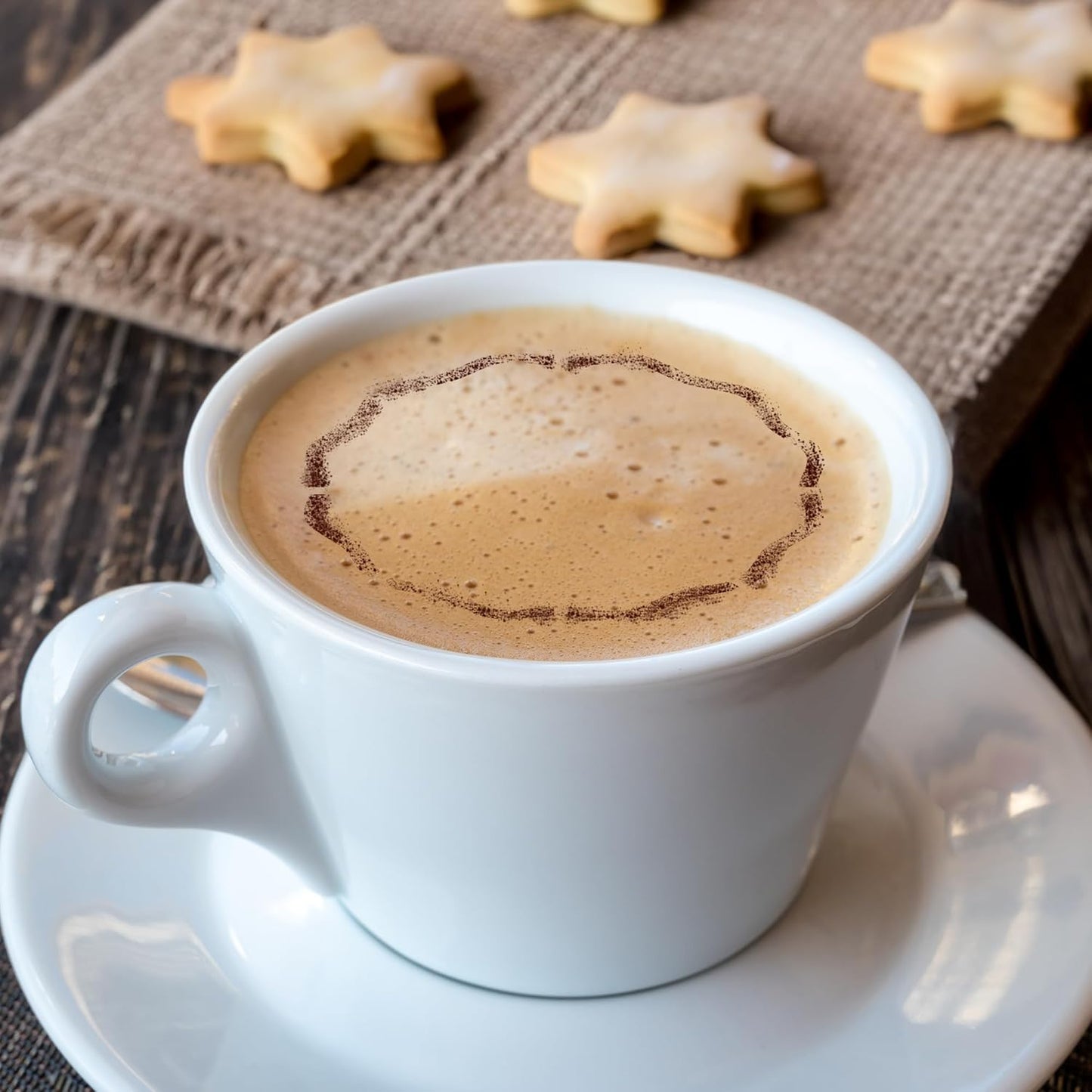 NAKLEO Coffee Stencils and Cookies Decoration 14Pcs 2.8”x2.8” and 4.3”x4.3”, Reusable Plastic Baking Templates, Circles Ornament Border, Barista DIY Art Craft, Capuccino Latte Chocolate Cake Biscuit