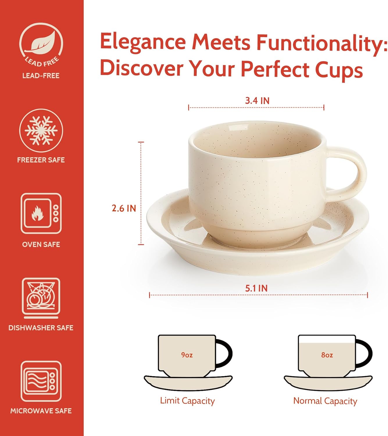 Sweese 8oz Porcelain Cappuccino Cups Set with Saucers, Metal Stand - Stackable, Durable for Coffee, Latte, Tea - Beige, 4 Pack