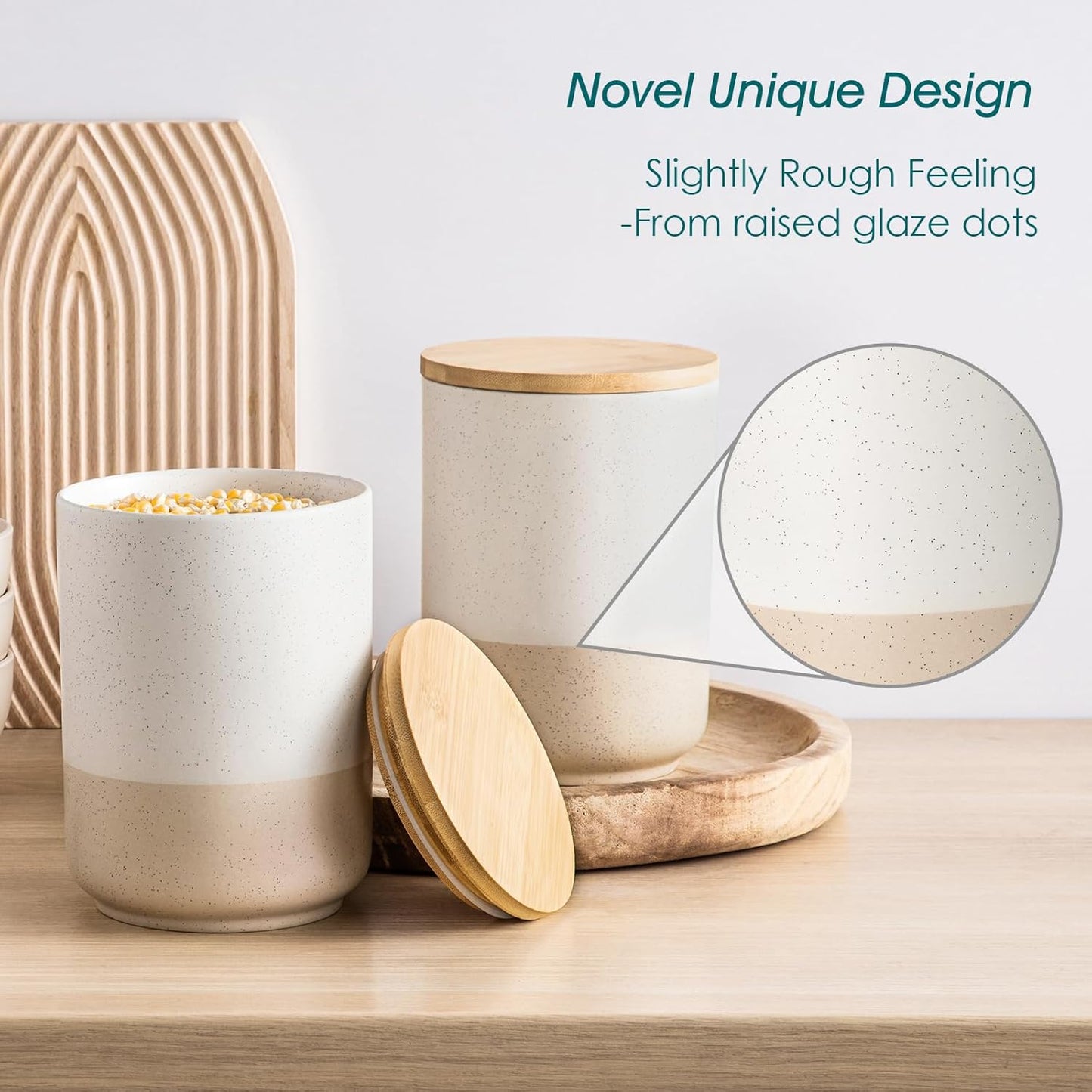 vancasso Sabine Large Ceramic Canister Set with Airtight Wood Lids - 2-Piece Kitchen Food Storage Jars for Flour, Sugar, Coffee & Tea (74 oz Each) - Big Capacity Countertop Jars