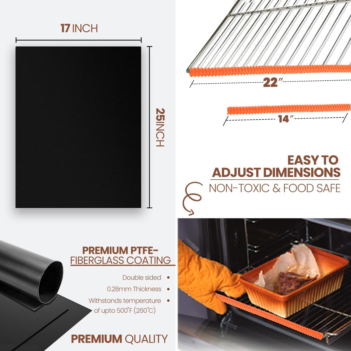 Oven Liners for Bottom of Oven Black (2-pack) Bundled with Rack Shield (2-pack) - Large Mat for Bottom of Range (17"x 25") and 22" Orange Stove Guards for Racks - Reusable & Heat Resistant