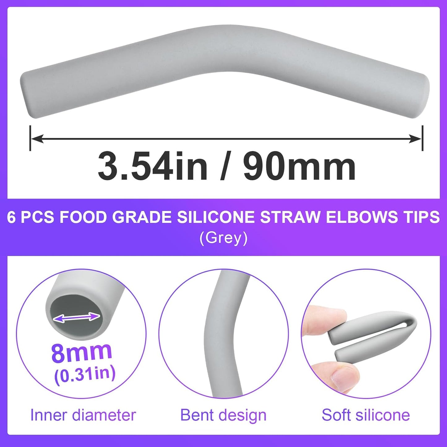 6Pcs Metal Straw Silicone Tips 5/16 IN Wide(8mm Outer Diameter) Food Grade Rubber Straw Covers Gray Flex Elbow Straw Replacement Tip for Stainless Steel Metal Straws