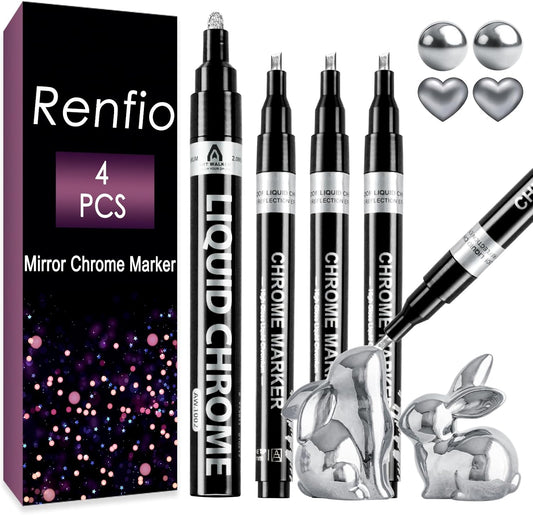 Renfio Silver Chrome Paint Markers, 4Pcs Silver Liquid Chrome Metallic Markers Mirror Repair Liquid Metallic Resin Pen for Epoxy Resin Repairing Model Painting Resin DIY Craft Coloring (1-3mm)