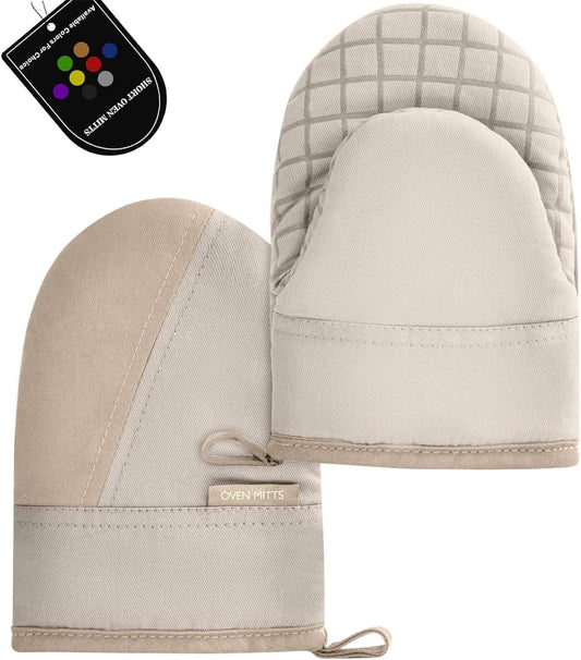 Mini Oven Mitts, Kitchen Oven Gloves Kitchen Mittens 500 Degrees Heat Resistant Baking Gloves, Non-Slip Silicone Surface with Hanging Loops Hot Gloves for Cooking, Baking, BBQ 1 Pair-Khaki