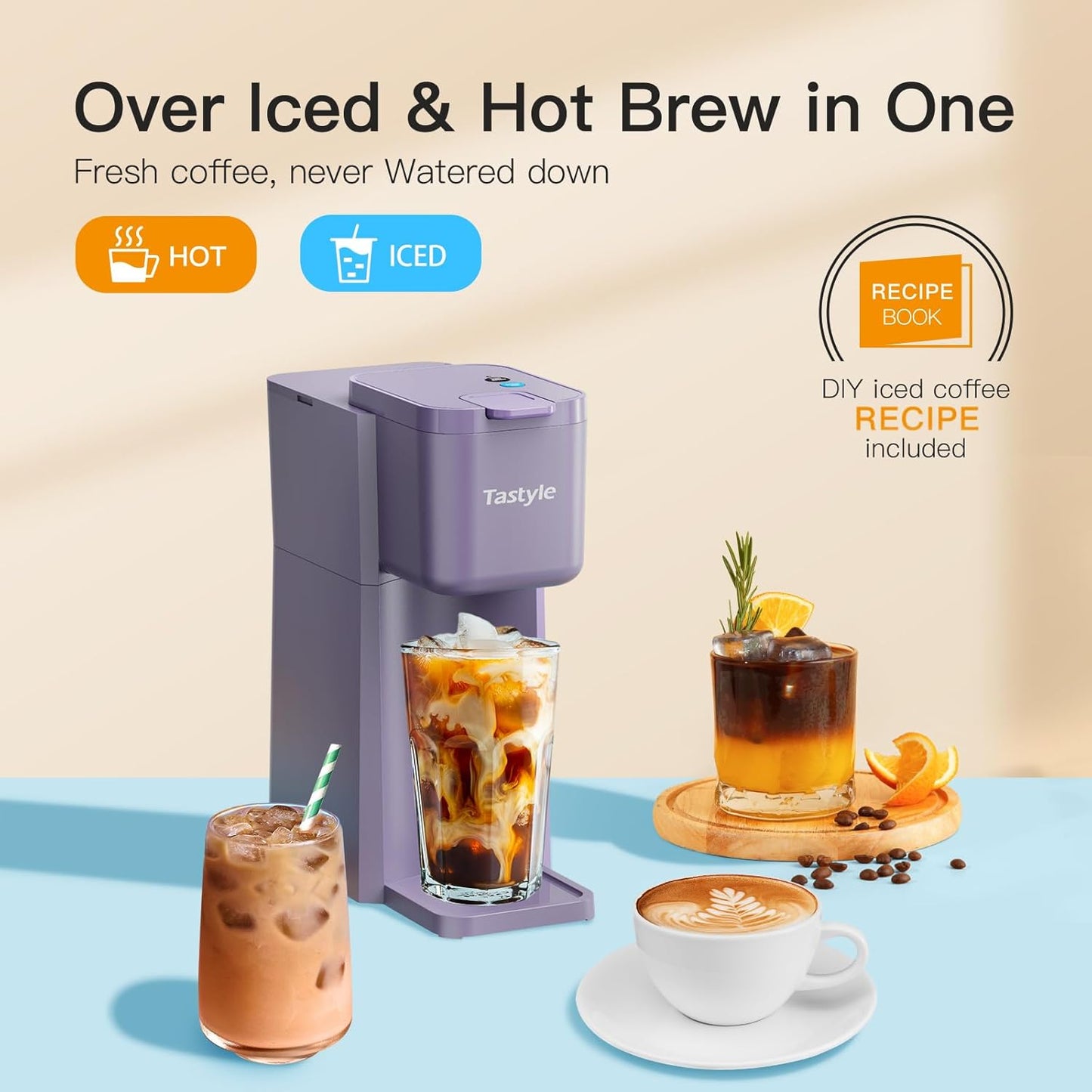 Mini Hot and Iced Coffee Maker Single Serve, for K Cup and Ground, 6 to 14 Oz Brew Sizes, with Recipe Book, for Home, Travel, RV, Office and Dorm, Violet
