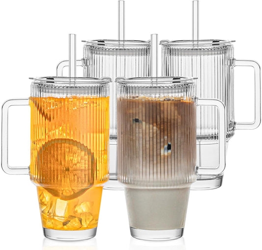 KEMORELA 4PCS 24oz Ribbed Glass Tumblers with Lids & Straws – Textured Handle Drinking Glasses for Iced Coffee, Smoothies, Cold Beverages – Reusable Clear Drinkware Set, Dishwasher Safe
