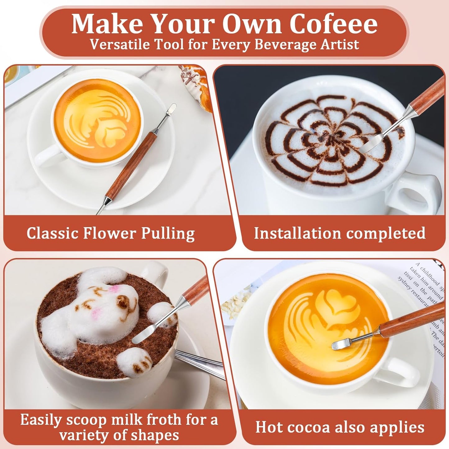 3PCS Latte Art Pen, Stainless Steel Dual-Ended Coffee Drawing Pen with Wood Handle Latte Art Tools Espresso Designs Barista Accessories Coffee Tool for Home Cafe Bar