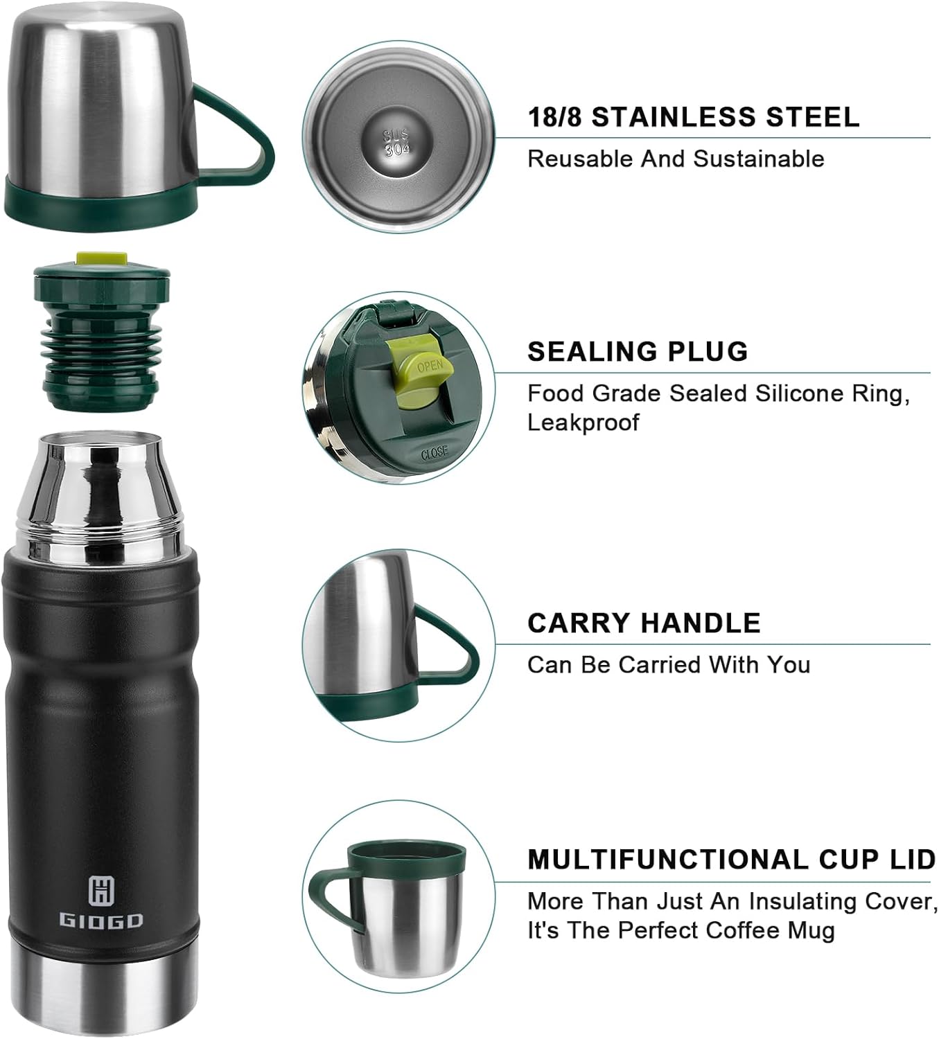 Vacuum Insulated Water Bottle Thermo Water Flask with Cup 680ml/23oz Stainless Steel Thermal Water Bottles Thermo for Hot and Cold Drinks Coffee Water(Black,Set)