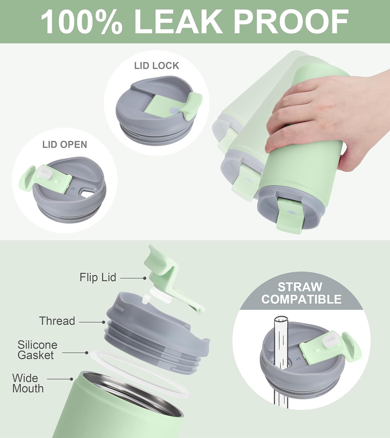 SUNWILL Insulated Coffee Mug with Lid, Leak Proof Tumbler Stainless Steel, 12 oz Travel Cup for Office, Home, Powder Coated Matcha