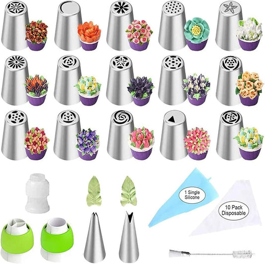 32-Piece Russian Piping Tips Set, Cake Decorating Kit with 17 Frosting Nozzles, Reusable Piping Bags, and Baking Supplies for Cupcakes, Cookies, Cakes - Idael for Bakers & Beginners