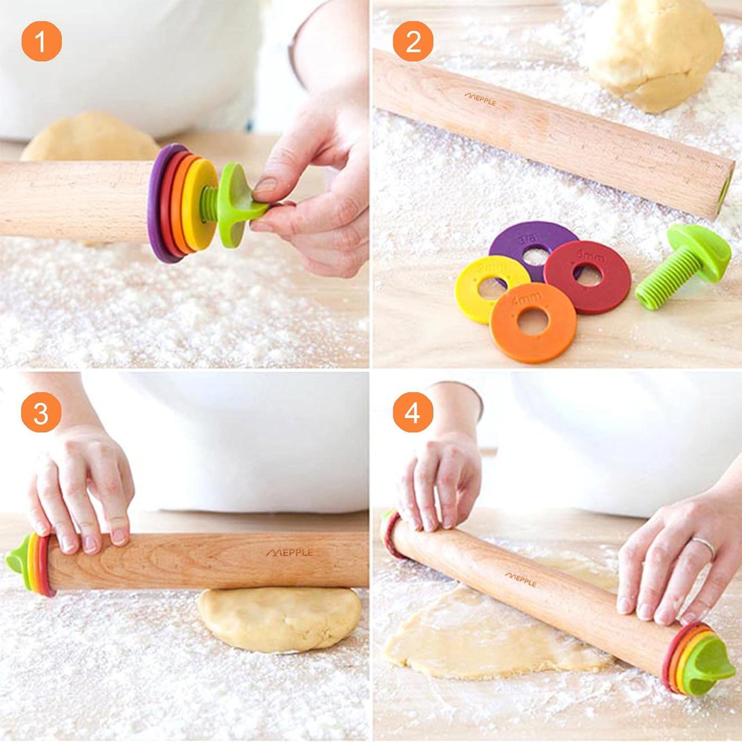 Rolling Pin with Thickness Rings for Baking,Fondant, Pizza, Pie Crust, Cookie, Pastry, Roller Rod for Dough Thickness, 13.6" Adjustable Wooden Rolling Pin with 4 Thickness Rings