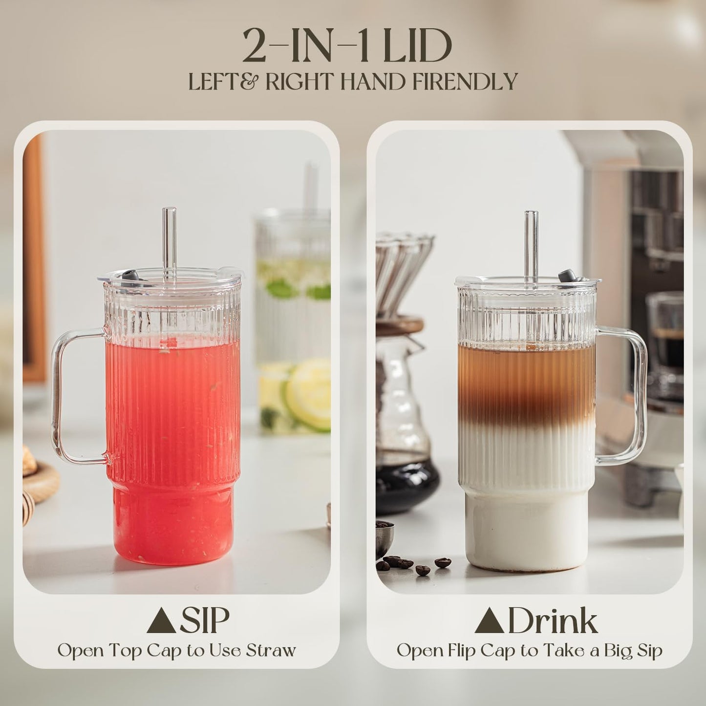 KEMORELA 2PCS 20 Oz Ribbed Glass Tumblers with Lids & Straws – Handle Iced Coffee Cups, Reusable Clear Drinkware for Smoothies & Cold Beverages – Dishwasher Safe