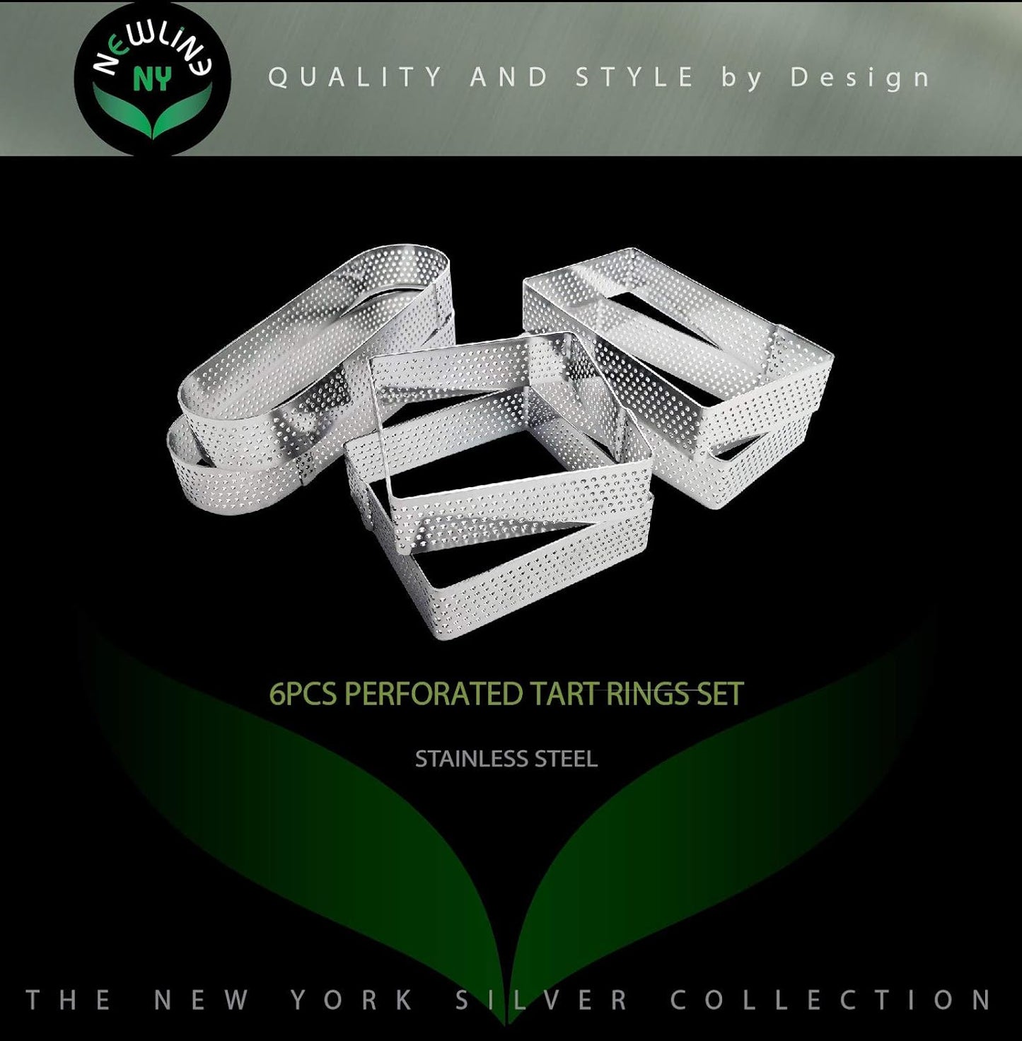 NewlineNY Stainless Steel 6 Pcs Perforated Oval, Rectangular, Square Tart Rings Molding Plating: 2 of each (5" x 1.5") + (4" x 1.5") + (2.8" square) x (0.8" H) Sizes
