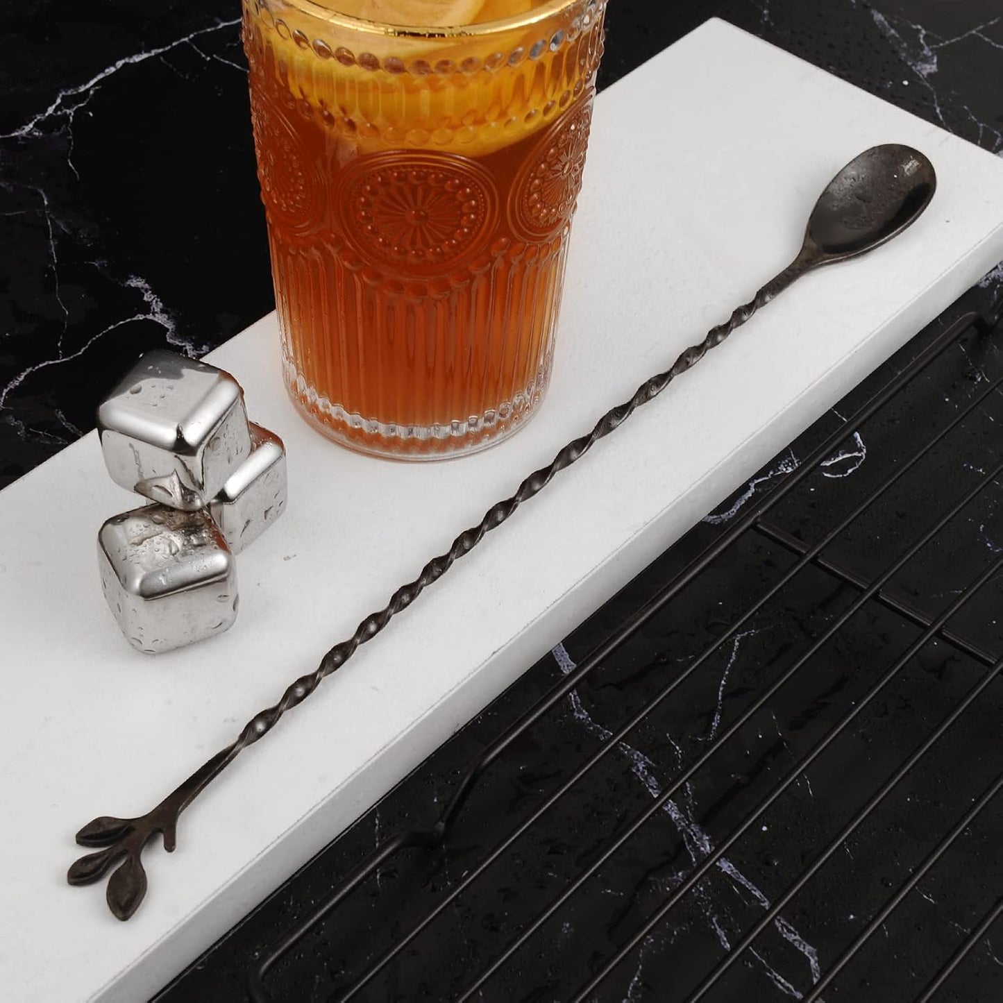 AnSaw Black 12-Inch Stainless Steel Cocktail Spoon with Leaf Handle - Perfect for Mixing & Layering Drinks in Tall Cups, Bar & Shakers - Durable Long Handle Bar Stirrer,2-Pieces