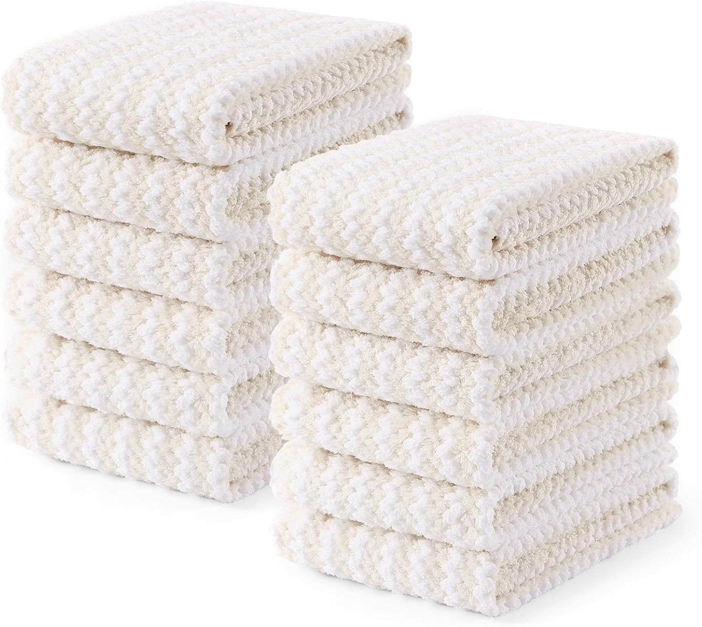 Homaxy Kitchen Towels(12 Pack, 10 x 20 inches), Ultra Soft and Absorbent Dish Towels, Reusable Fast Drying Microfiber Cleaning Cloth, Coral Velvet Wave Design No-lint, Beige