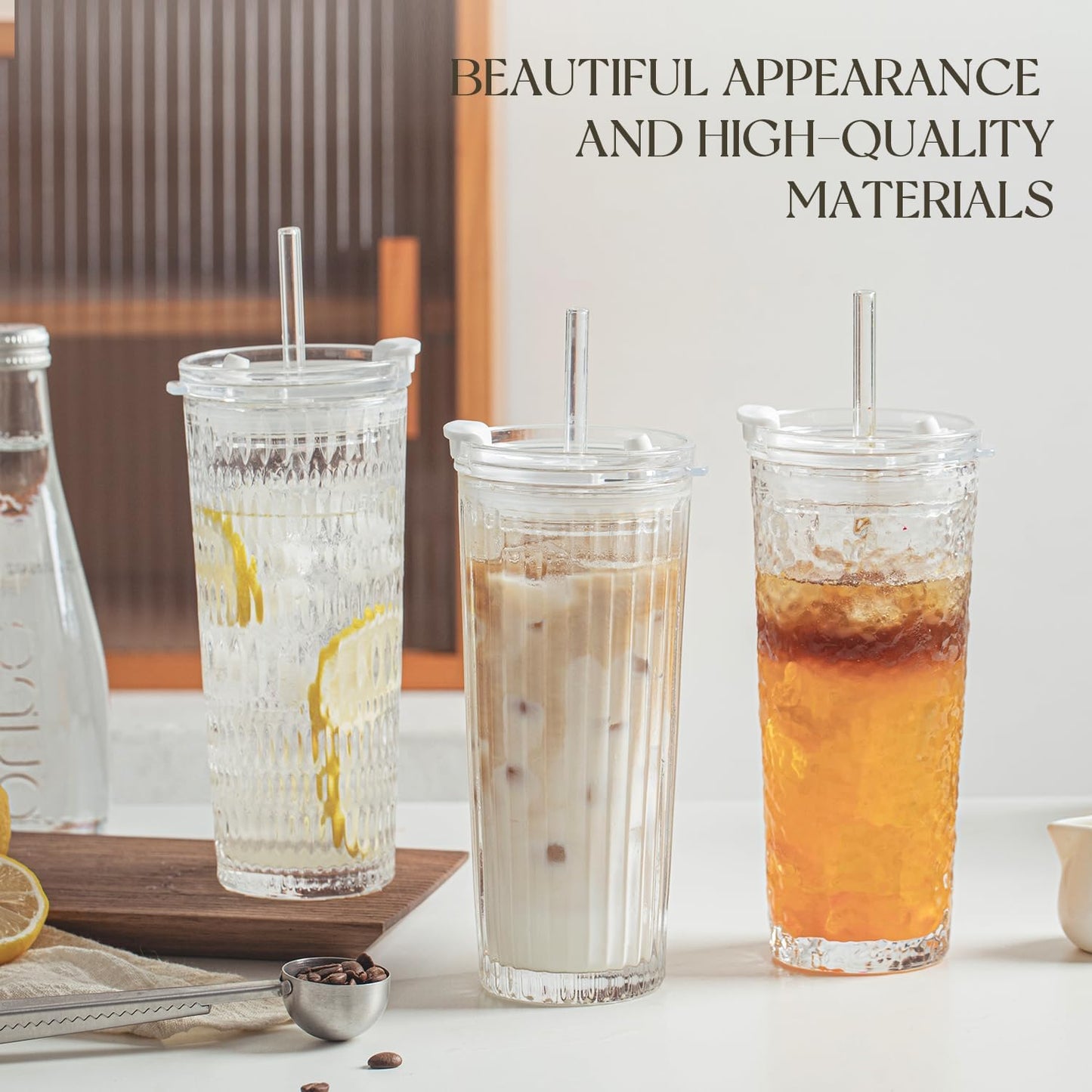 KEMORELA Glass Tumblers with Lids and Straws – Set of 2, 18oz Premium Quality Drinking Glasses, Ideal for Juices, Cocktails, and Everyday Use