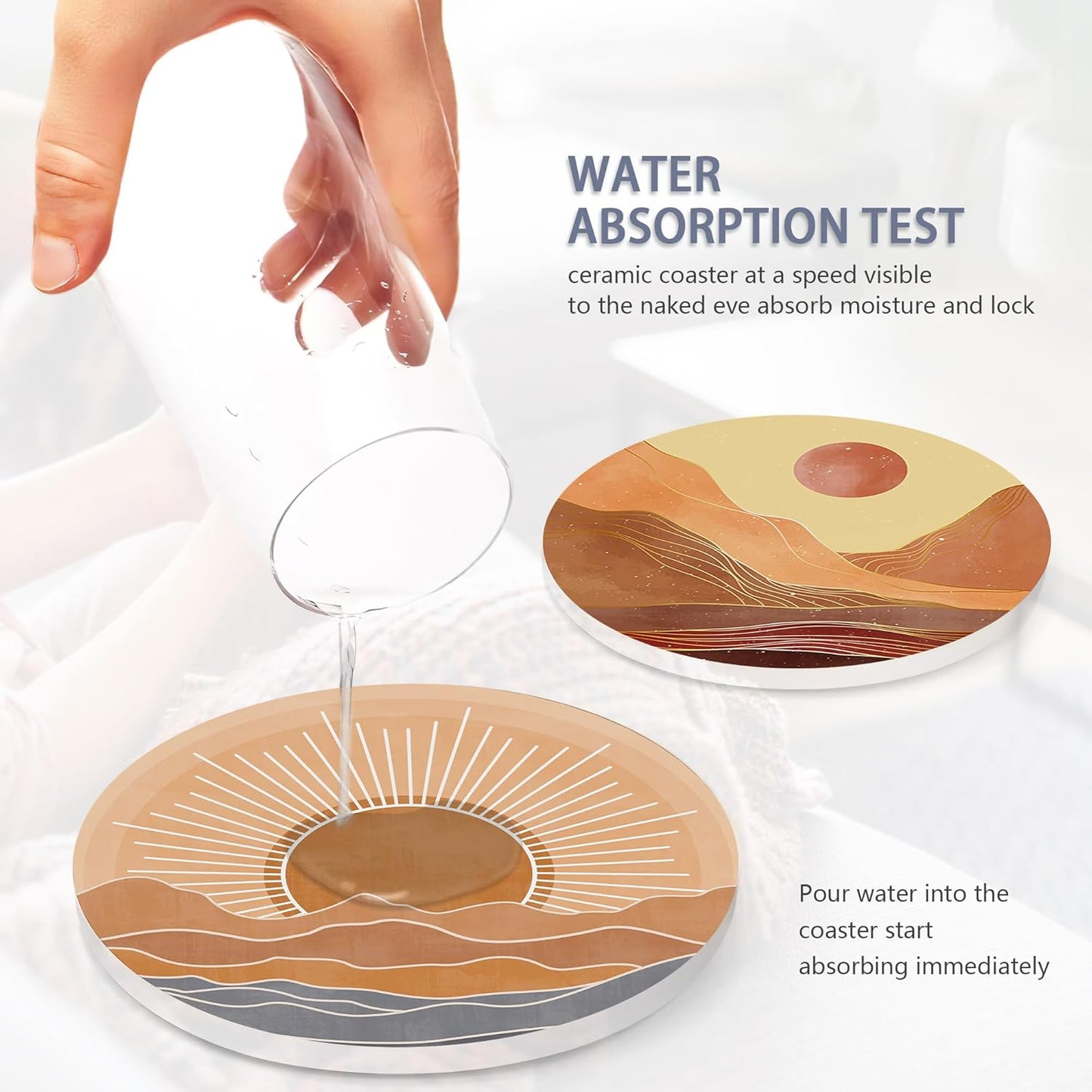 6 Pcs Coasters for Drinks with Holder, Boho Mountain Sun Absorbent Ceramic Coasters with Cork Base,Cute Funny Table Drinks Coasters Tabletop Protection Mat,Table Home Decor,4 Inches