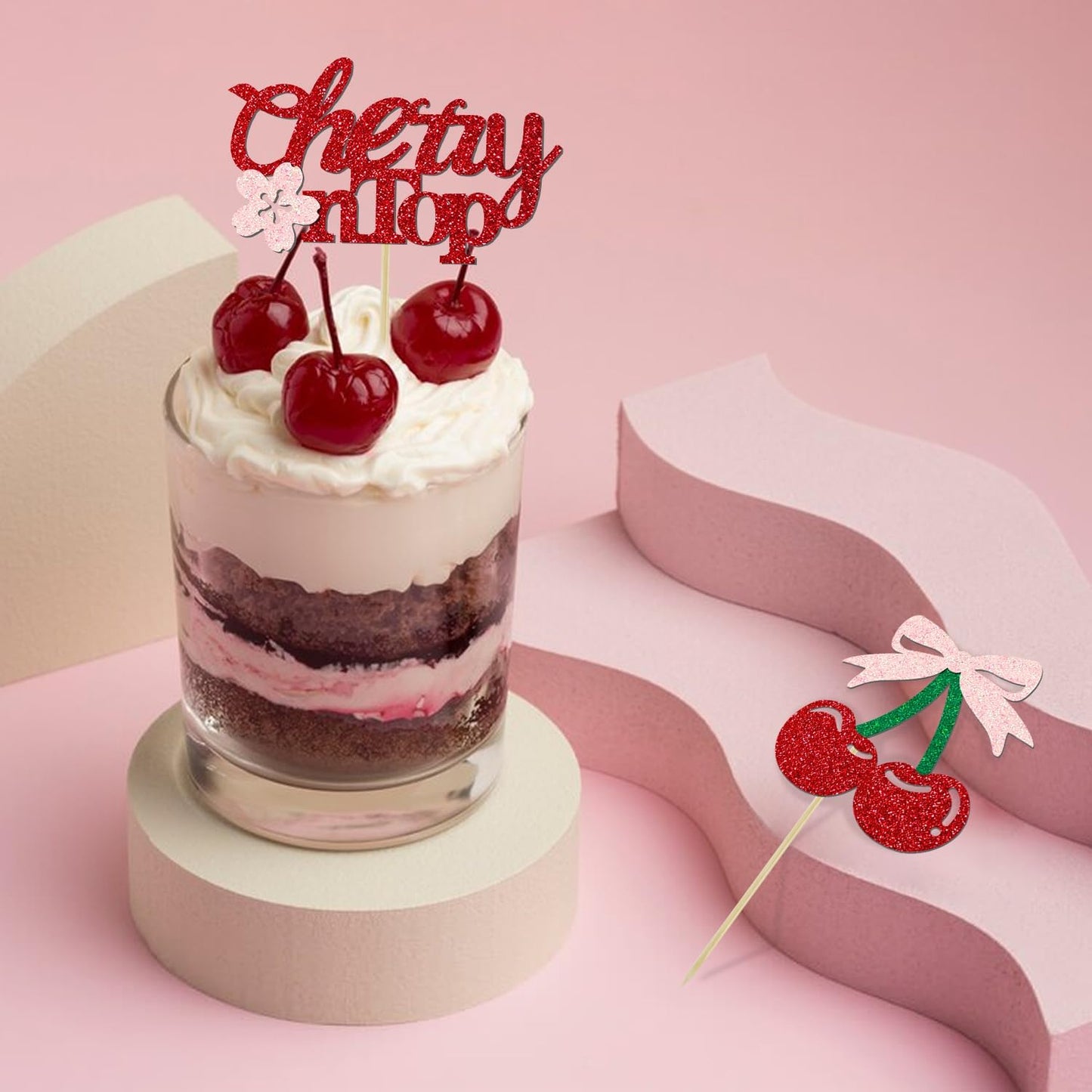 24 Pack She's the Cherry On Top Cupcake Toppers, Glitter Cherry Sweet Cake Pick for Fruits Theme Baby Shower and Bridal Shower Decorations Supplies (Top)