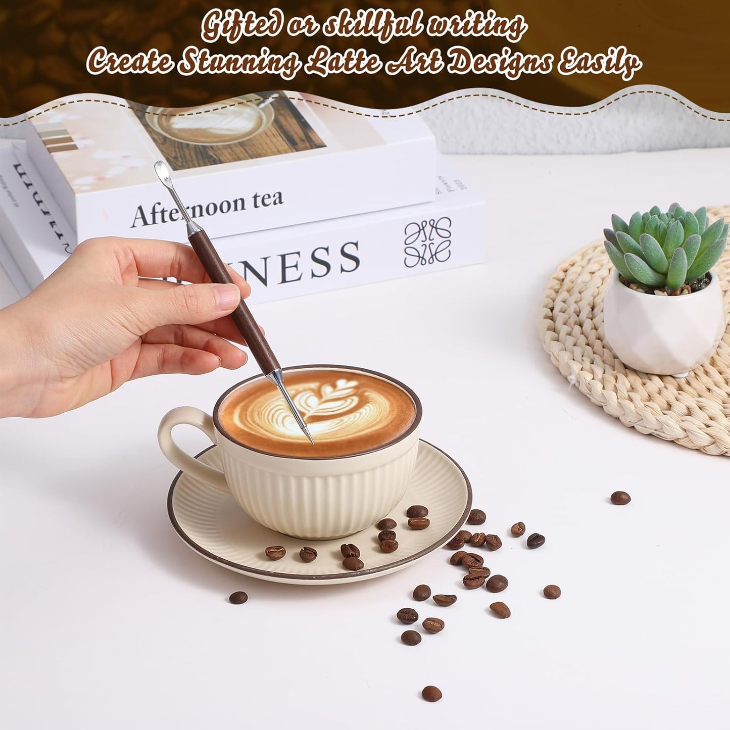 2pcs Latte Art Pen, Double-Ended Stainless Steel Barista Tools with Black Wood Handle, Professional Coffee Art Pen for Home Cafe Espresso Designs, Barista Accessories