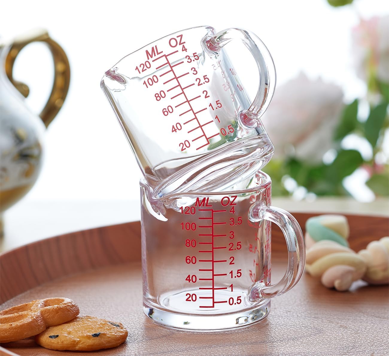 Shot Glass Measuring Cup 4 Ounce/120ML Liquid Heavy High Espresso Glass Cup with Handle,Double Spouts(Pack of 2)