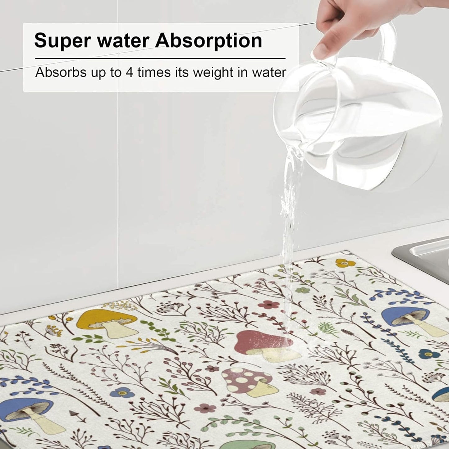 Cute Mushrooms Wild Plant Dish Drying Mat 18"x24" Microfiber Absorbent Fast Dry Mat for Kitchen Counter Coffee Bar Colored Mushroom Large Drying Mat Kitchen Decor Gifts