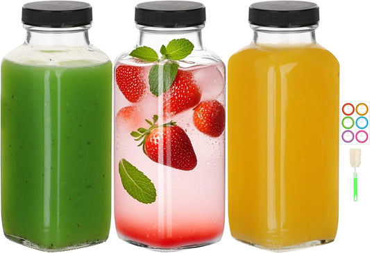 BIGIVACA 12 oz Glass Juice Bottles with Lids,3 PACK Bottles for Juicing,Square Drinking Jars Glass for Coffee,Cola,Milk,Tea in Travel,Work,School