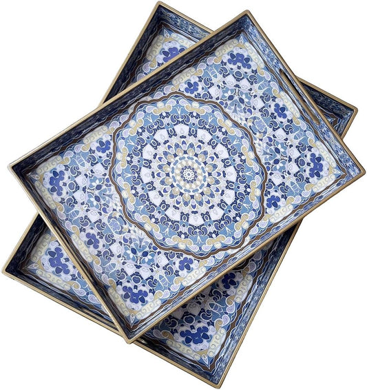 Boho Decorative Tray, Modern Blue Serving Tray with Handles, Ottoman Trays Set of 2, Plastic Coffee Table Tray for Living Room, Bathroom, Kitchen, Decor, Large 15.7”*11.8”, Small 13.7"*9.8"