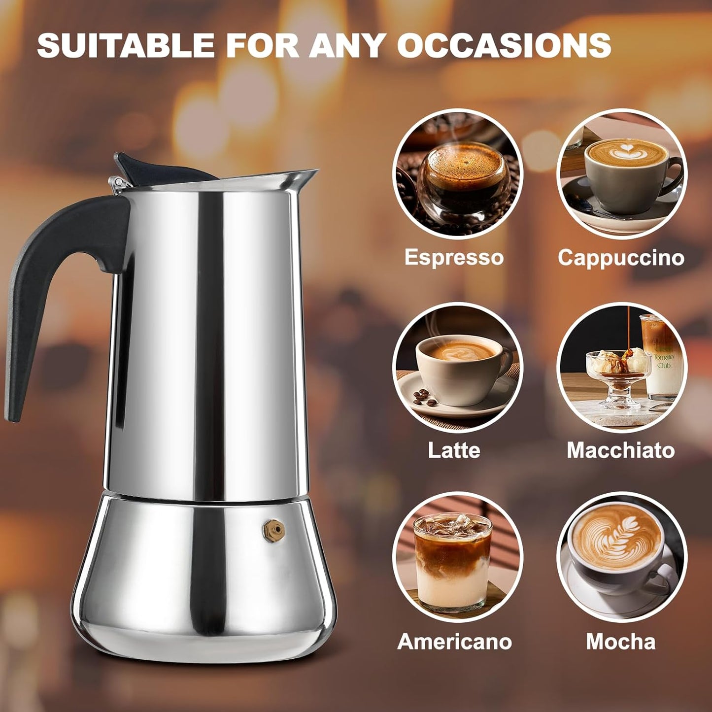9 Cup Stovetop Espresso Maker Stainless Steel Moka Pot Stove Top Percolator Italian Coffee Makers Capable Mocha Greca Machine Cafe Classic Induction Cookers for Home and Camping 450ml 15oz