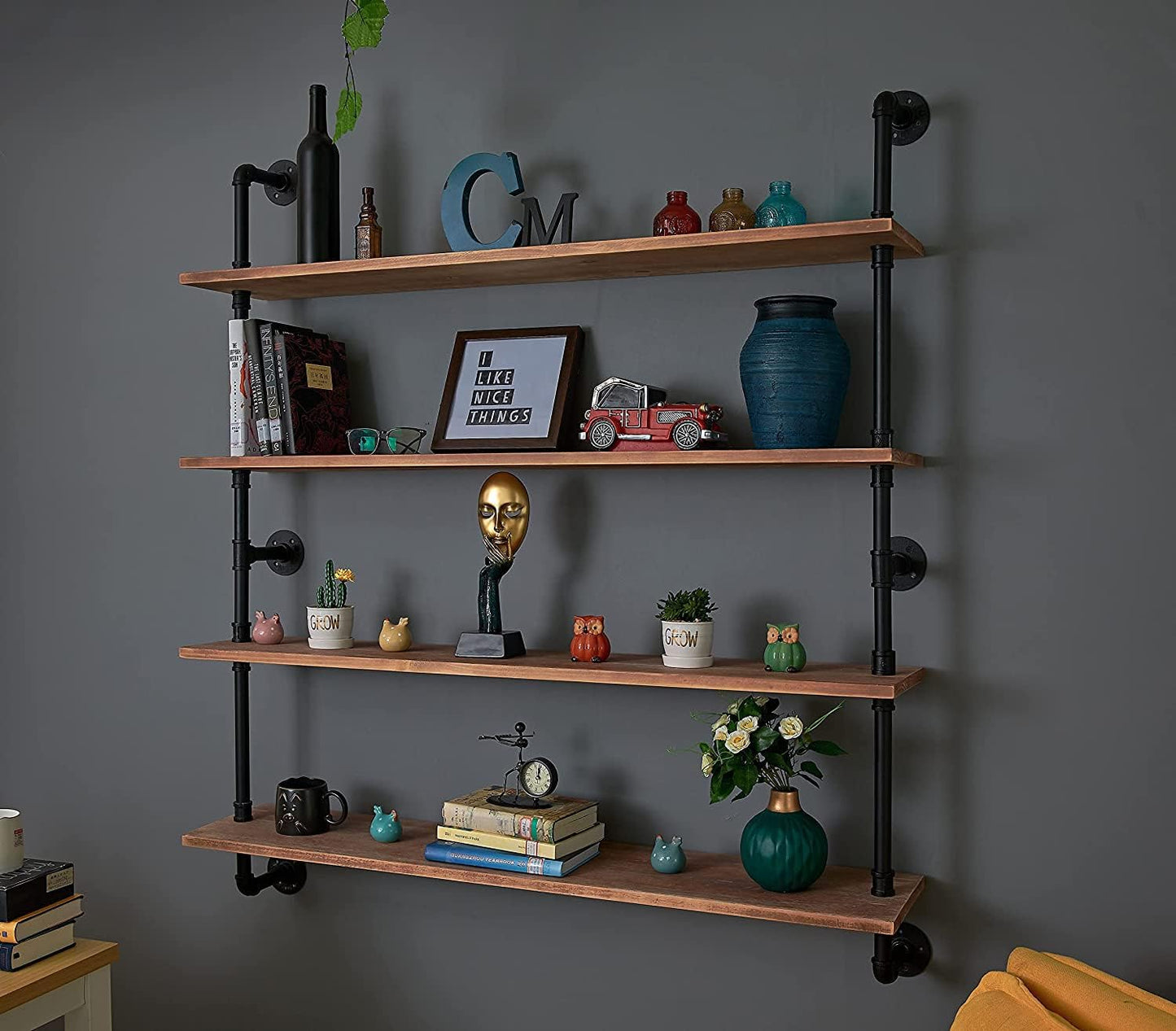 Floating Bookshelf Shelves Industrial Pipe Shelving Floating Pipe Shelf with Wood Planks 48 inch Industrial Wall Shelves Rustic Hanging Bookshelf Farmhouse Kitchen Shelving