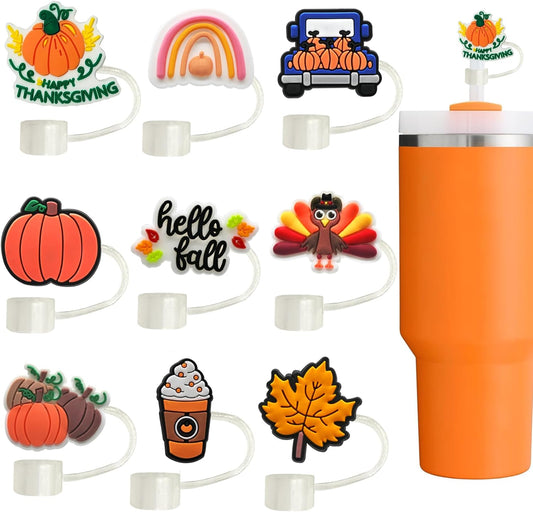 9pcs Fall Toppers for Stanley Cup - Thanksgiving Autumn Straw Covers 10mm Drinking Tip Covers for Stanley Cup Accessories