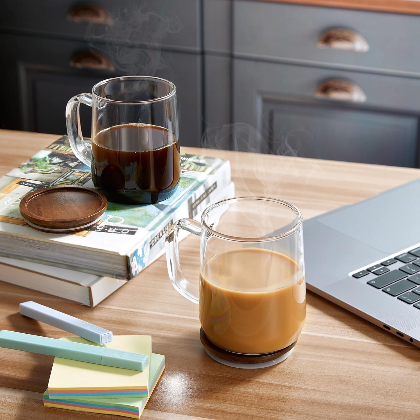 Glass Coffee Mugs, 14 oz Glass Coffee Cups with Acacia Wood Lids, Clear Borosilicate Glass Mugs with Handles for Cappuccino, Tea, Latte, Hot/Cold Beverages, Wine, Americano, Set of 2