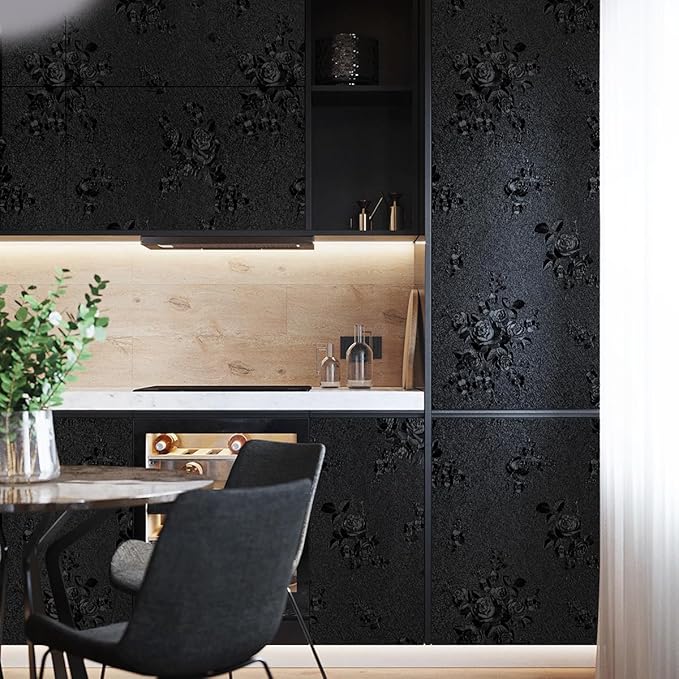 Erfoni Black Peel and Stick Wallpaper Black Floral Embossed Contact Paper - Image 6