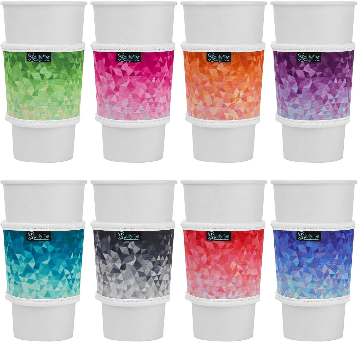 Beautyflier 8pcs Anti-Slip Neoprene 2.5mm Thick Collapsible Heat Resistant Coffee Cup Insulated Sleeve for Coffee/Tea/Cold Drinks (Geometric gradient),20 ounces