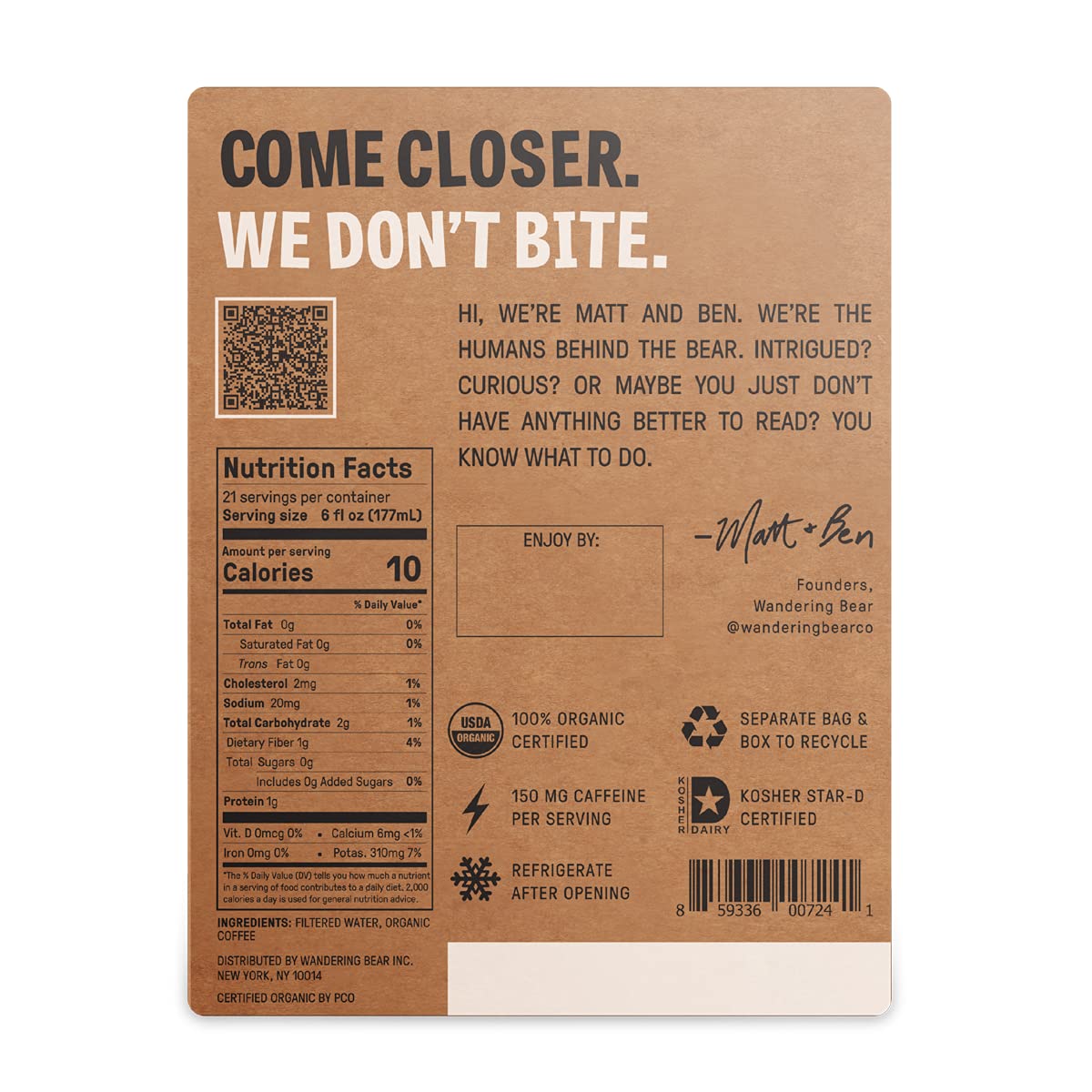 Wandering Bear Straight Black Organic Cold Brew Coffee On Tap, 128 fl oz (1 gallon) - Extra Strong, Bold, Smooth, Unsweetened, Shelf-Stable, Ready to Drink, 100% Organic Iced Cold Brewed Coffee Drinks