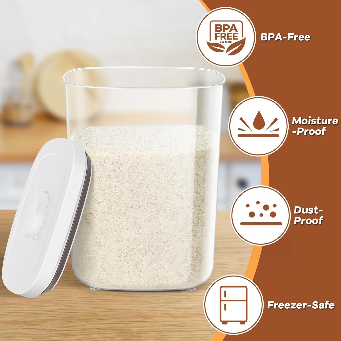 Airtight Rice Container 25 Lbs, Clear PET Plastic Food Storage Container Bin For Flour Sugar, Dry Food Holder with Easy Locking Lid for Kitchen Pantry Organization and Storage