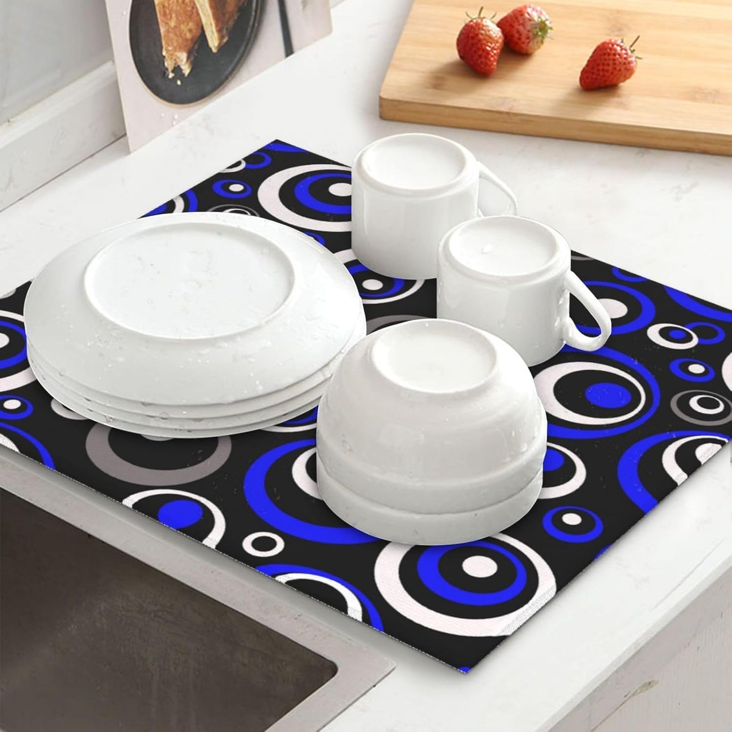Blue Black White Geometric Circle Dish Drying Mat for Kitchen Counter, 16" x 18" Absorbent Microfiber Drying Pad for Dishes, Modern Decor Kitchen Mat, Foldable, for Sink, Dining Area, Small Appliances