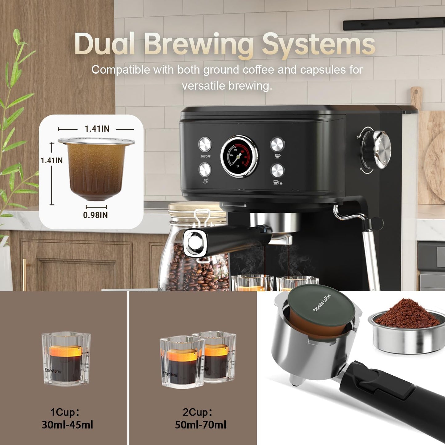 Black Espresso Machine with Milk Frother, Cappuccino Machines for Home, Coffee Espresso Machine Suitable for Coffee Powder/NS Original Capsules, Espresso Maker with Thermometer