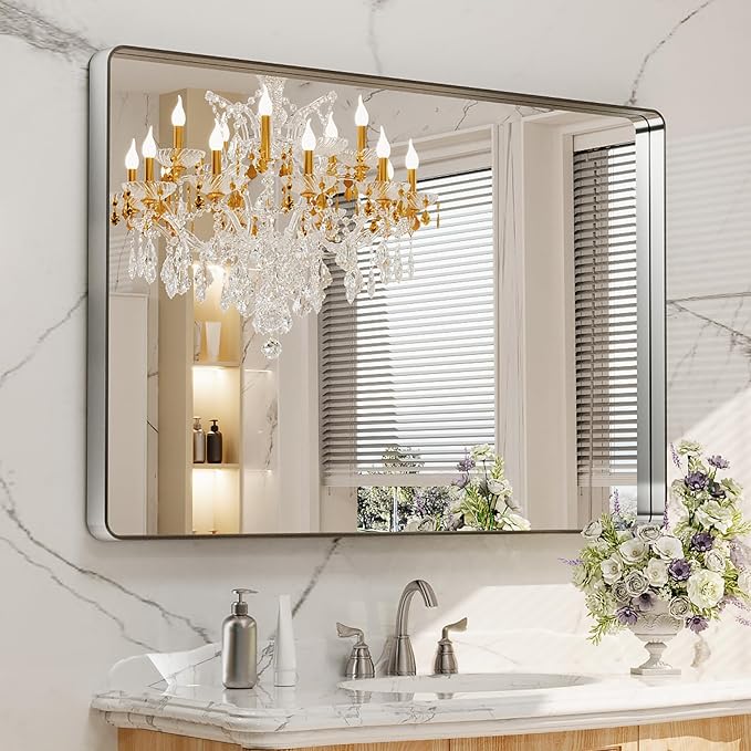 LOAAO 48X30 Inch Brushed Nickel Bathroom Mirror, Rounded Rectangle Silver Metal by LOAAO