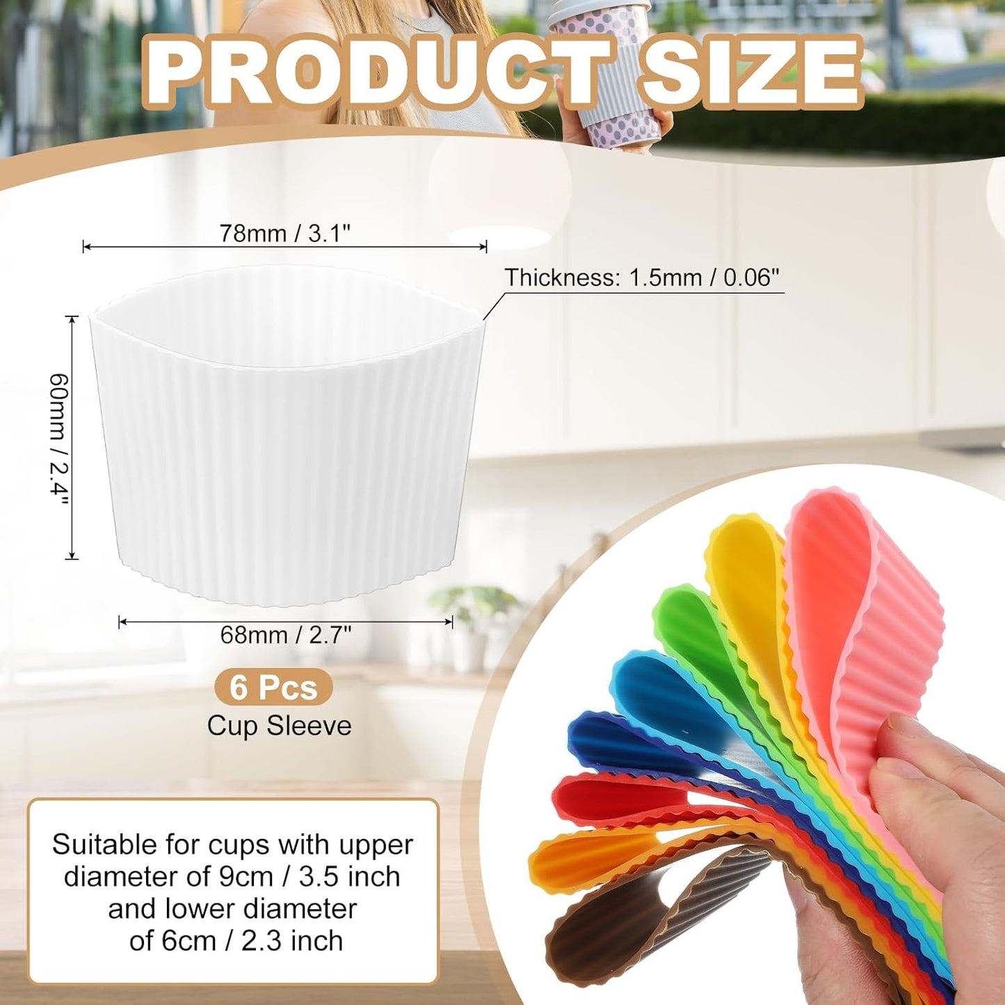 uxcell 6Pack Coffee Cup Sleeves, Reusable Silicone Heat Resistant Cup Protective Sleeve Nonslip Mug Protector Cover for Home Travel Coffee Mug Glasses Water Bottle Boots, White