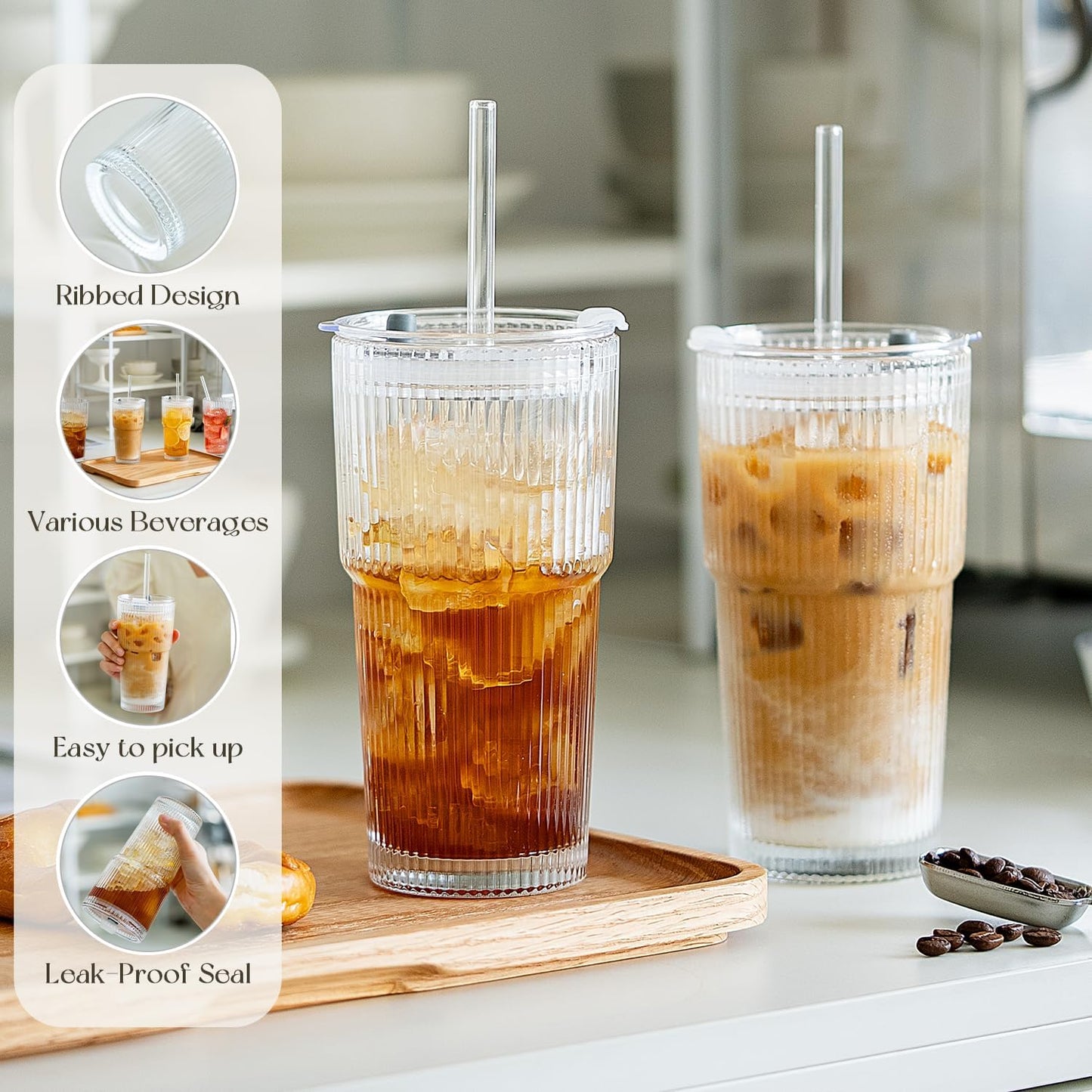 KEMORELA 6-Pack Ribbed Glass Tumblers with Lids & Straws – Vintage Style Iced Coffee Cups, Durable Smoothie & Cocktail Drinking Glasses, Reusable Clear Glassware for Home, Cafe, Office (6)