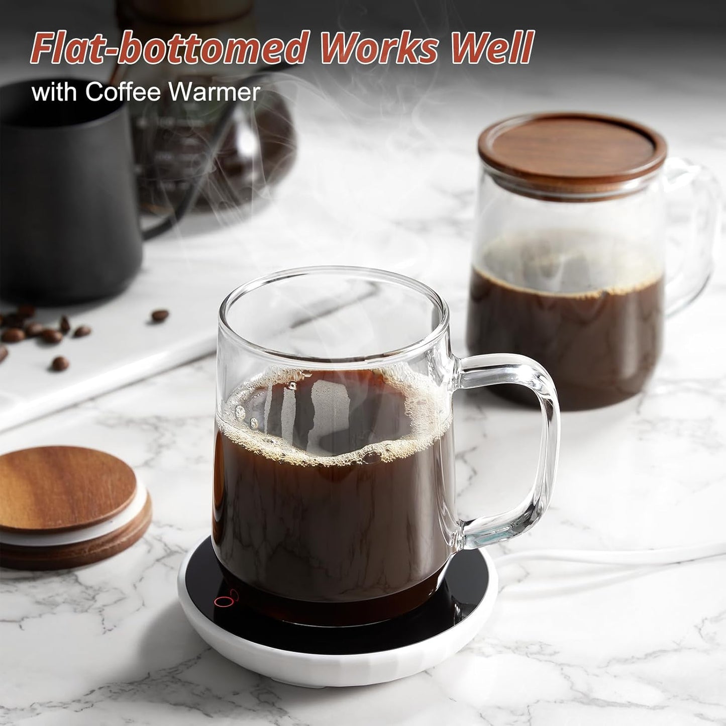 Glass Coffee Mugs, 14 oz Glass Coffee Cups with Acacia Wood Lids, Clear Borosilicate Glass Mugs with Handles for Cappuccino, Tea, Latte, Hot/Cold Beverages, Wine, Americano, Set of 2